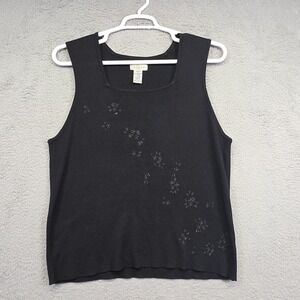 Vintage Yarnworks Top Womens 2X Black‎ Floral Embroidered Beaded Tank Minimalist